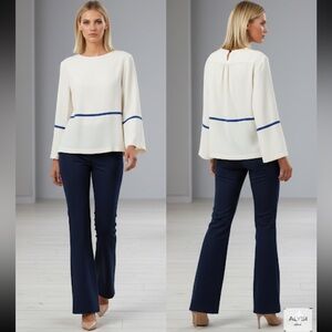 Alysi Italy Minimalist Ivory Bell Sleeve Top with Blue Stripe Accent Size 4